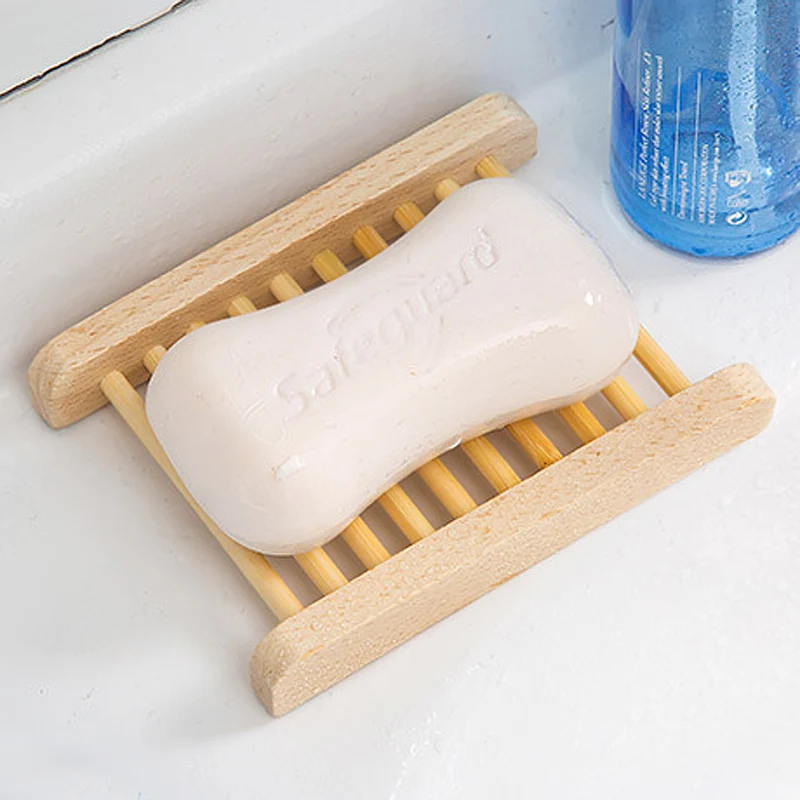 Hot Bathroom Soap Dish Drain Tray Holder Sponge Plate Storage Rack Natural Wood 