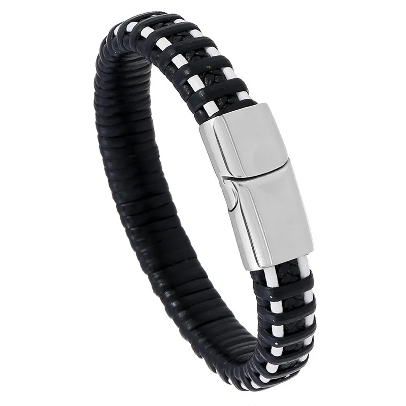 

Punk Black Leather Braided Bracelet Bangle For Man Stainless steel Magnetic Buckle Wristband Cuff Jewelry Gift
