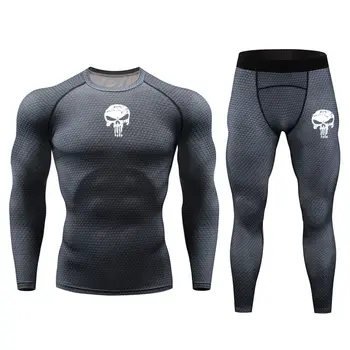 

Punisher men Running set skull print Gym Fitness Compression long sleeve tight set Gym Fitness Tracksuits sets Jogging yogo set