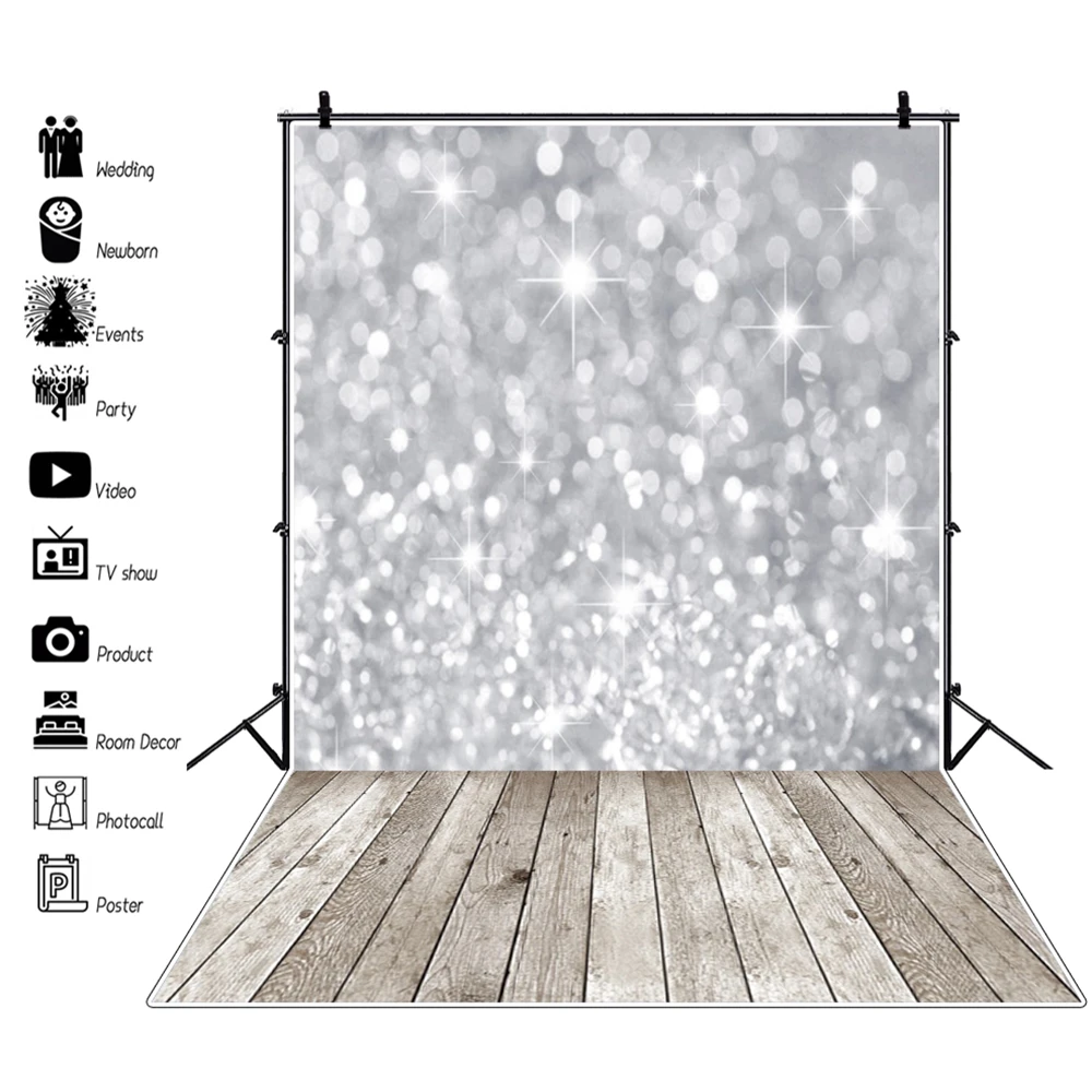 

Valentine's Day Silver Glitter Shiny Light Bokeh Wood Floor Backdrop Photography Background Baby Portrait Photo Studio Photozone