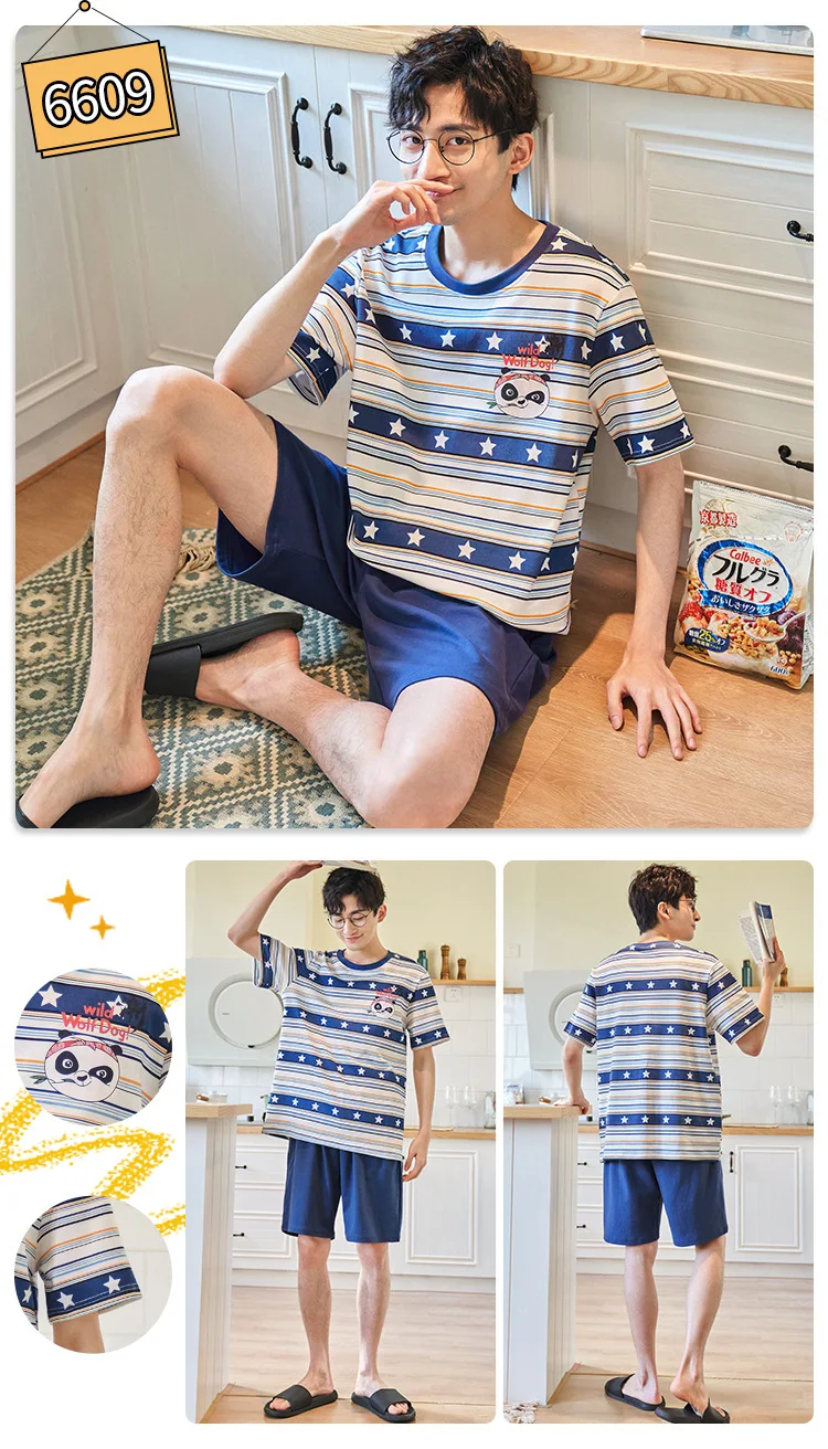 mens short pjs Plus Size 2021 Spring Summer Short Sleeve Shorts Cotton Pajamas Sets For Men Cartoon Bears Pocket Sleepwear O-Neck Gray Homewear cotton loungewear