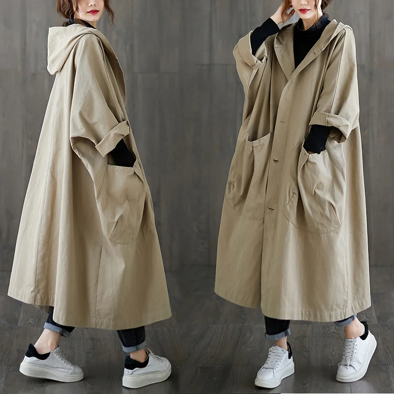 

Hooded Trench Coat Women Big Pockets Long Sleeve Trench Office Fashion Korean Style Outerwear Lady Autumn Clothes