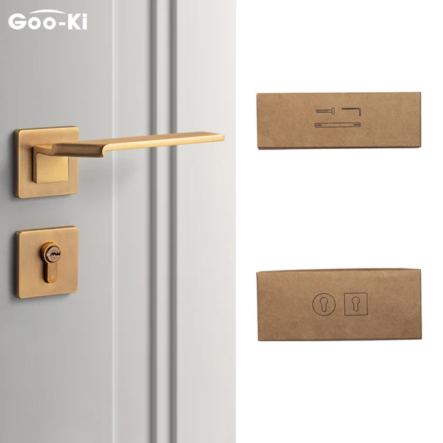 Goo-Ki Square Space Folding Bedroom Door Handle with Lock Minimalist Interior Door Handle Lock Cylinder Security Mute Door Lock HN