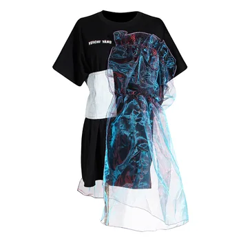 

2020 Women T Shirt Dress Fairy Full Mermaid Color Ougen Yarn Stitching Loose Medium Long T-shirt Dress