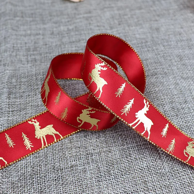 5 Yards 25mm Bronzing Christmas Ribbon Printed Polyester Ribbon For Christmas Decoration Gift Wrapping DIY Sewing Fabric