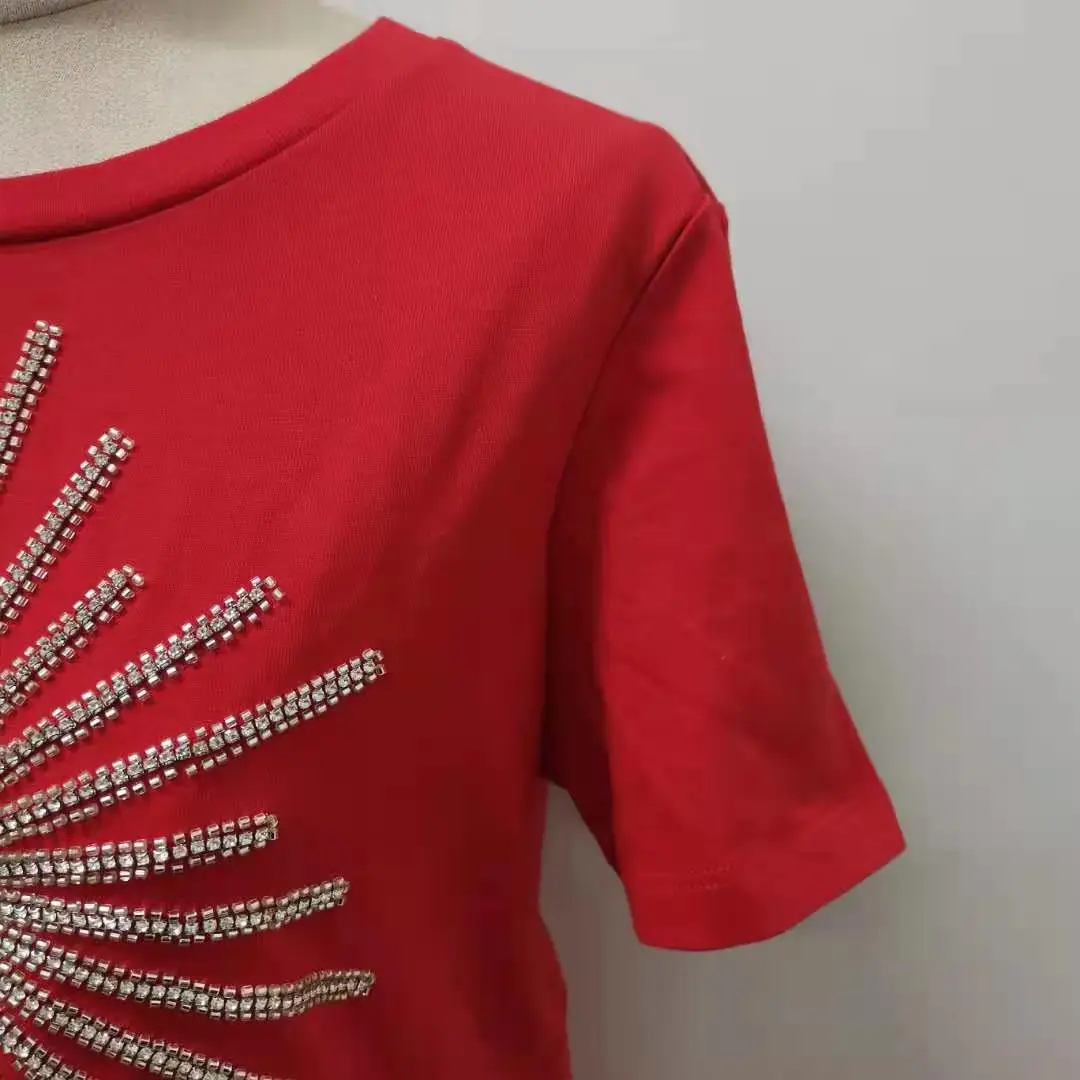 Women Shortsleeve Tshirt Red Cotton Oneck Beading 2021 Spring Summer