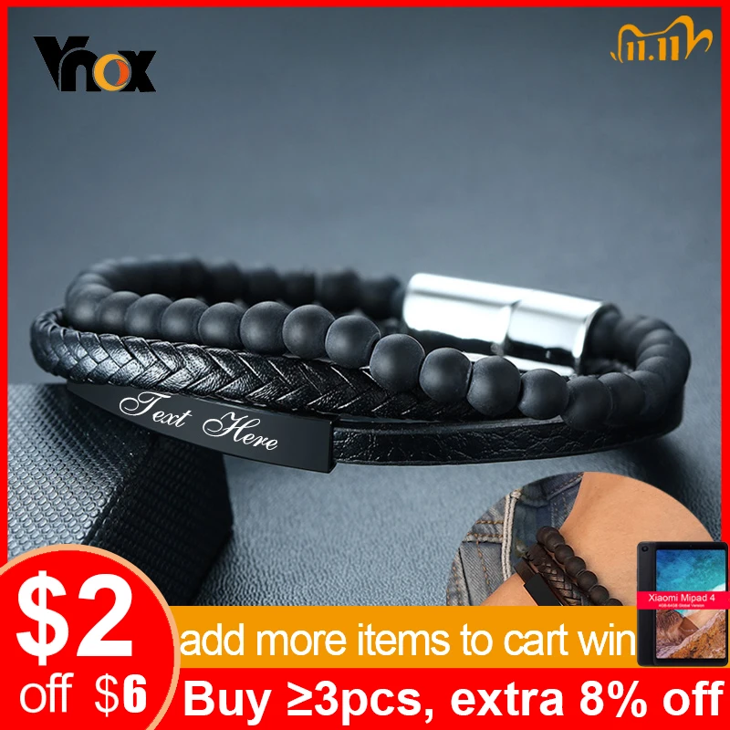 Vnox Free Custom Men's Genuine Leather Bracelets Multi-layer Personalize Info Wrap Bangle Gifts for Him Accessories afbeelding