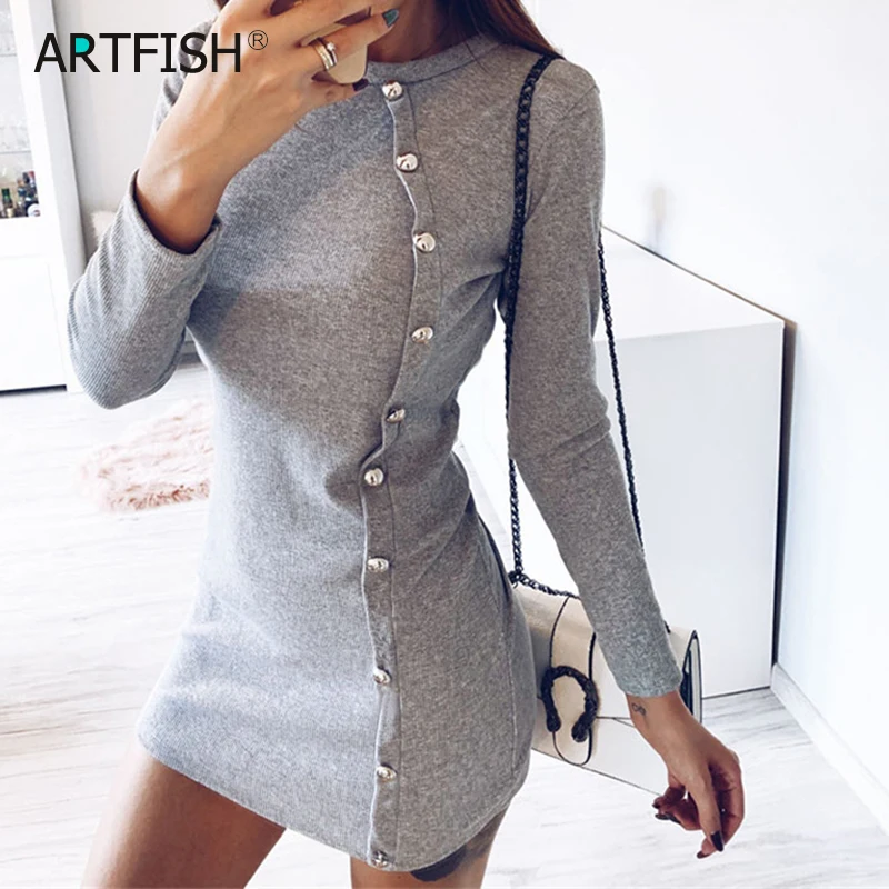 

Winter Elegant Office Lady Long Sleeve Pencil Dress Bodycon Mini Buttons Solid Pure Autumn Dress Casual O-neck New Robe GV077