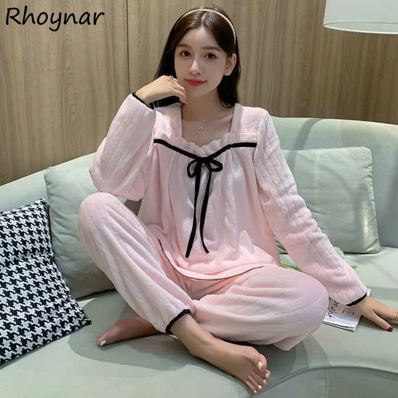 

Pajama Sets Women Patchwork Square Collar Flannel Winter Warm Ulzzang Long Sleeve Students Sweet Loose Sleepwear Lace-up Cozy