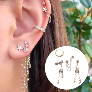 

Boho Style Retro Cross Diamond Five-pointed Star Tassel Bling Stud Earrings Set Rose Gold Alloy Earrings