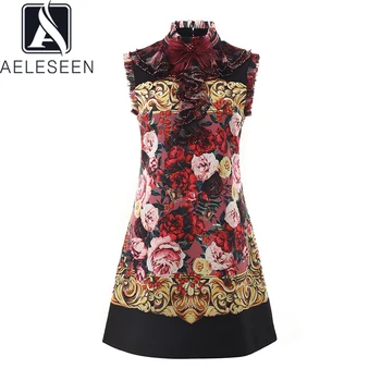 

AELESEEN Vintage Design A-Line Dresses Women Elegant Ruffle Collar Luxury Beading 2020 Spring New Runway Floral Print Mini Dress
