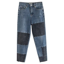 Весна Осень повседневные женские s с высокой талией, из лоскутов джинсовые шаровары, стрейч кисточкой джинсы длиной до щиколотки брюки для женщин