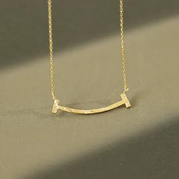 

1PC Real. 925 Sterling silver White/ Gold Foil Smily Arch Bar Pendant Geometric clavicle necklace Fine Jewelry TLX971