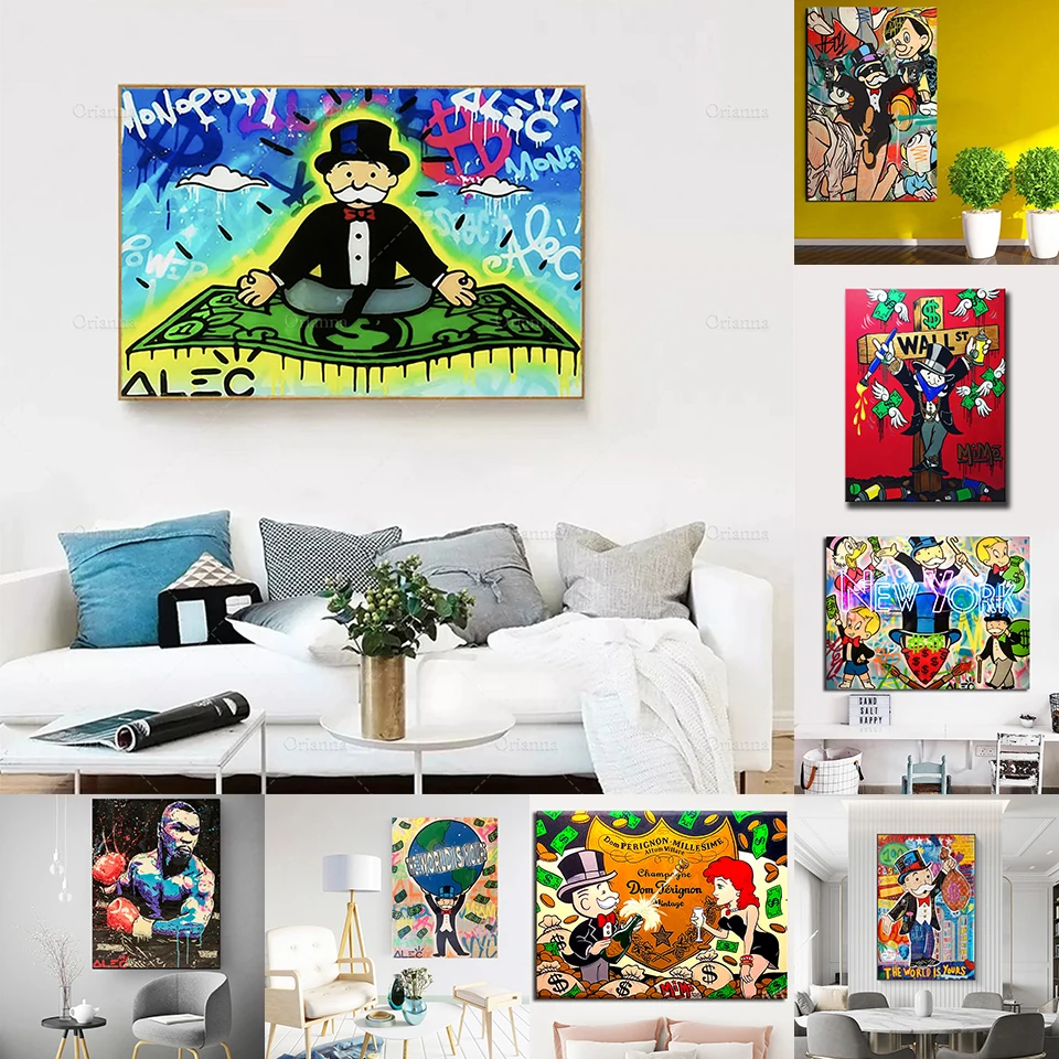 

60x80cm Canvas HD Prints Alec Monopoly Pictures Wall Art Graffiti Painting Home Decoration Money Symbolize Modular Poster Room