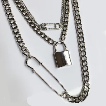 

Necklaces Gold Chunky Chain Double Layers Safety Pin Lock Key Necklace Winter Korean Fashion Minimalist Party Hiphop Jewelry