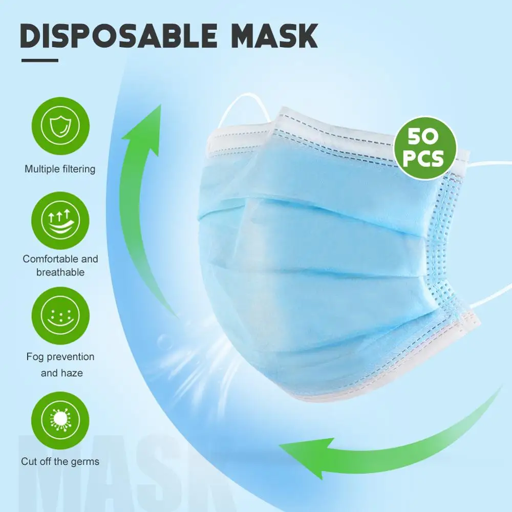 

50PCS Disposable Protective Mask 3 Layers Dustproof Facial Protective Cover Masks Maldehyde Prevent bacteria anti-dust Masks