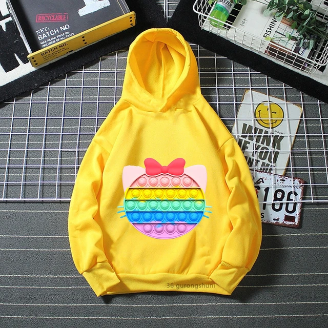 Rainbow Cat Bow Car Popit Print Pink Hoodies Girls/Boys Kawaii Kids Clothes Harajuku Fidget Toys Sweatshirt Winter/Spring Coat H581Y