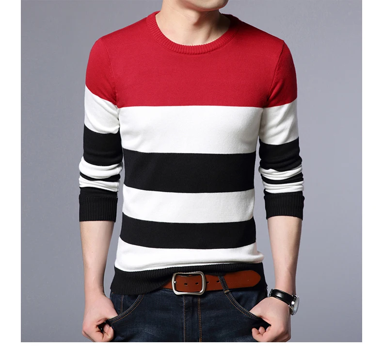 Misniki Autumn Casual Men's Sweater O Neck Striped Slim Fit Knittwear Mens Sweaters Pullovers Men Pull Homme S-3XL JP52