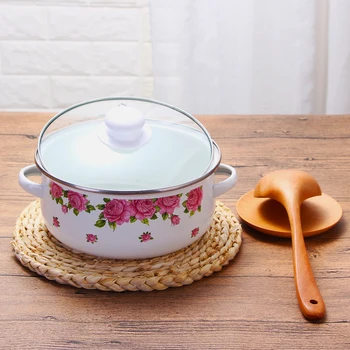 

Flower porcelain enamel pan large capacity glass cover soup pot induction cooker gas general household stew hot pot saucepan