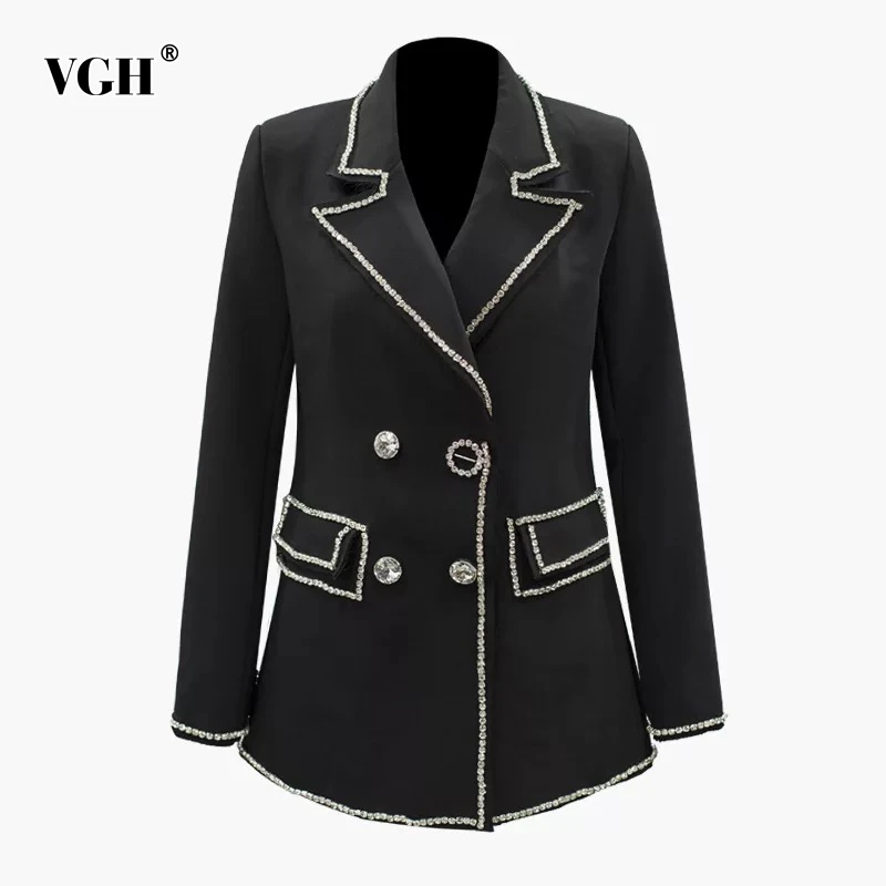

VGH OL Patchwork Crystal Women's Blazer Tops Hit Color Notched Callor Long Sleeves Jacket For Female Autumn 2019 Fashion New