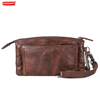 

Leather Handbag Men Wallet Mobile Bag Card Holder Male Fashion Wallets Long Zipper Retro Tassel Large Capacity Sheepskin Vintage