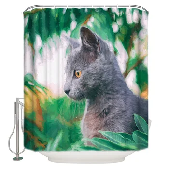 

Cat Green Leaf Oil Painting Shower Curtain Waterproof and Mildewproof Polyester Fabric Bath Curtain Design
