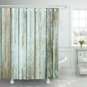 

Shower Curtain Wood Old Wooden White Wall Turquoise Abstract Board Waterproof Polyester Fabric Set with Hooks