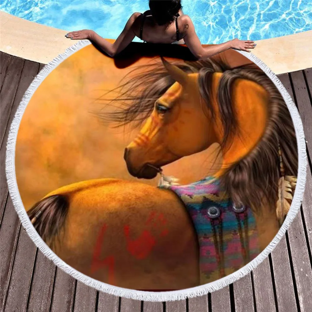 

Art Horse Colorful Painting Women Bath Towel for Beach Thick Round 3d print Fabric Quick Compressed Towel new style-5