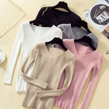 

Autumn Winter Slim Sweater Women Korea V-Neck Basic Pullover Sweater Female Knitted Slim Bottoming Tops Jumper Ladies Knitwear