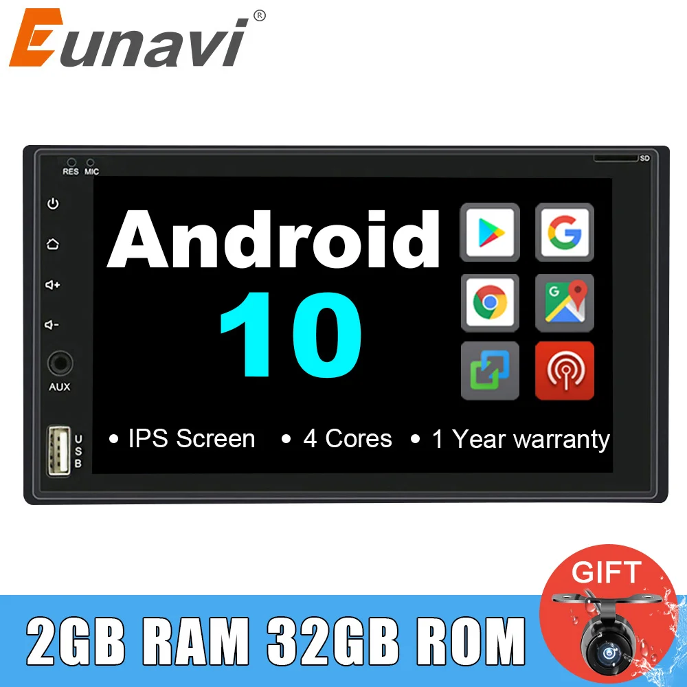 Универсальная мультимедийная система Eunavi 2 Din IPS экран Android 10 головное устройство
