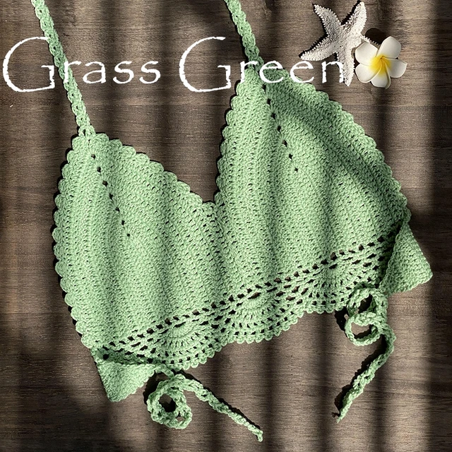 2021 New Bikini Top Handmade Crochet Women Boho Beach Bralette Solid Halter Knitted Swimsuit Brazilian Bikinis Bathing Suit Top Grass Green