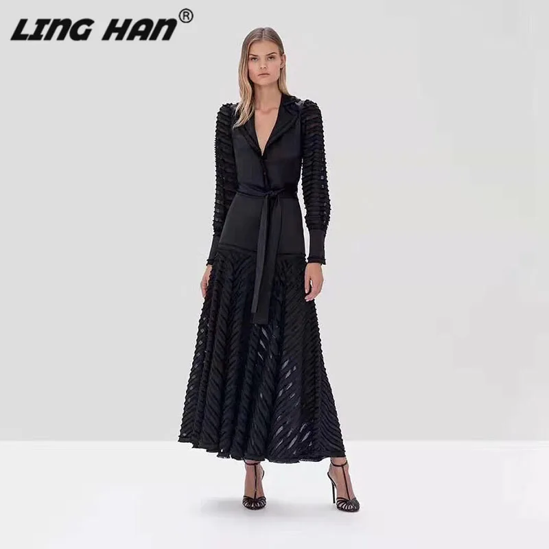 LINGHAN Модное Длинное Платье в полоску с кисточками женское элегантное платье с отложным воротником на шнуровке, большой маятник, платья для вечеринок осень-зима, новинка