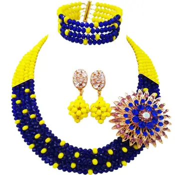 

classic opaque yellow and royal blue crystal bead african necklace set nigerian beads jewelry set