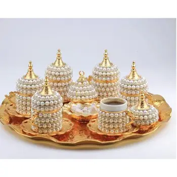 

Handmade authentic design turkish greek arabic coffee Espresso set 6 service, cups with lid tray arbitrary candy dish gift
