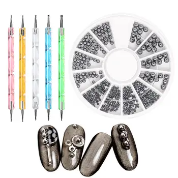 

KROFAUE 1Box AB Gun Black Metal Edge Glitter Nail Beads Studs Beauty Charm Nail Art DIY Pearls Decorations