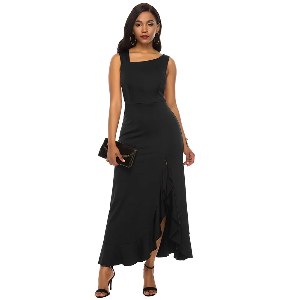 

Bikitique Sleeveless Vest Style Ruffle Sexy Party Dress Women Sloping Shoulder Collar Hem Split Full Dress Stretch Knit Dress