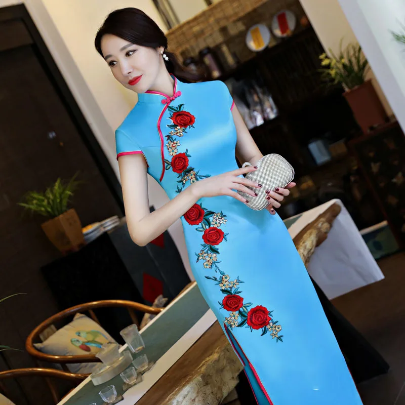 Притягательный. Лёгкий синий женский длинный Cheongsam летнее винтажное платье Ципао