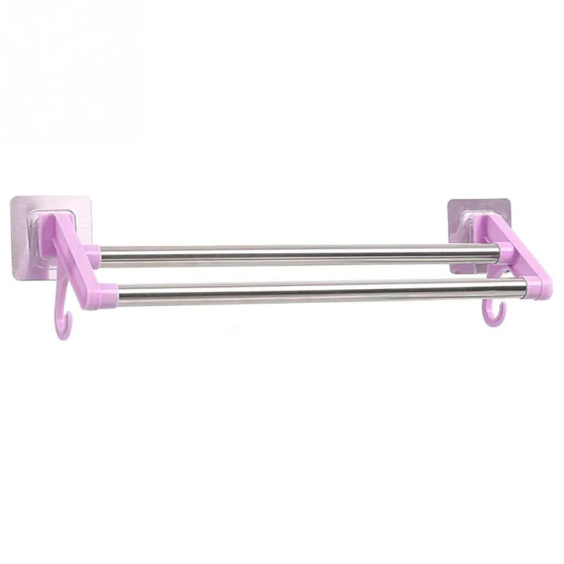 purple Stainless Steel Non-marking Punch-free Double Towel Rack Bar Rotating Towel Holder Bathroom Kitchen Wall-mounted Towel Hanger - Цвет: purple