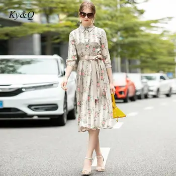 

High Quality Summer 2020 Fashion Women Vintage Lapel Casual Floarl Printed Midi Dress Brand Design Luxury A-line Dress Clothes