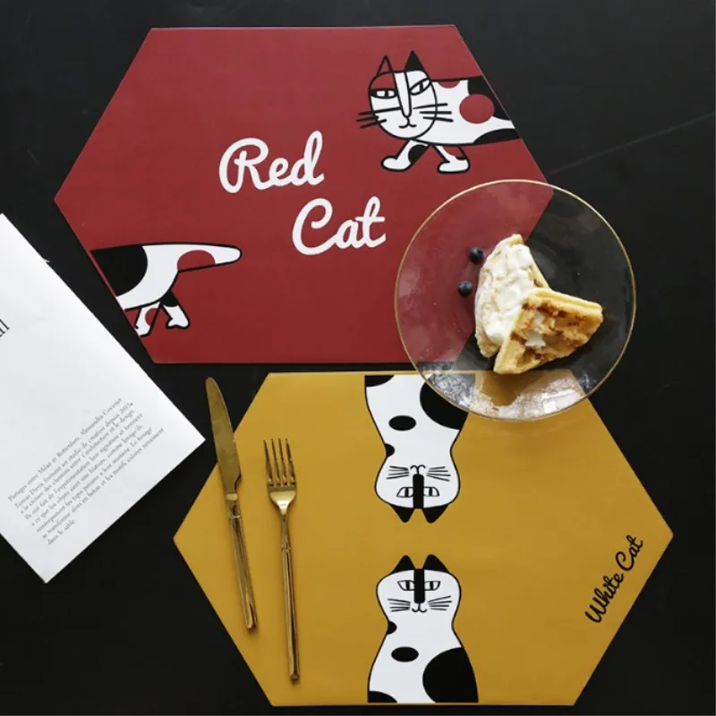 

PU Leather Placemat Cartoon Cat Dining Table Mats Waterproof Heat Insulation Non-Slip Tableware Pad Drink Coaster Kitchen Decor
