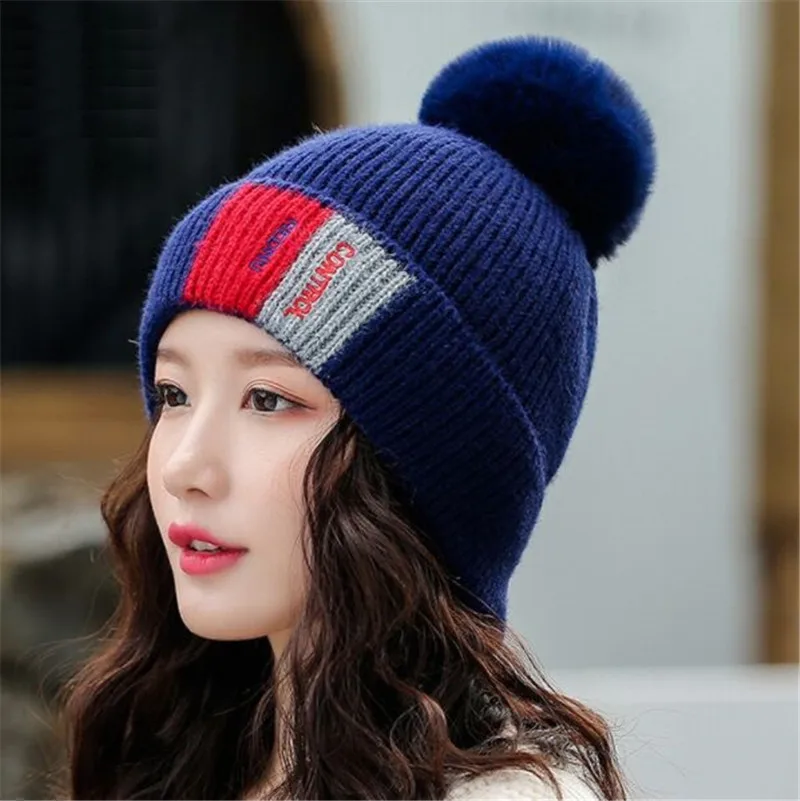 JIUCE026 зимняя женская повседневная шерстяная вязанная шапочки Skullies Новая Женская Толстая шапка с помпоном Gorros