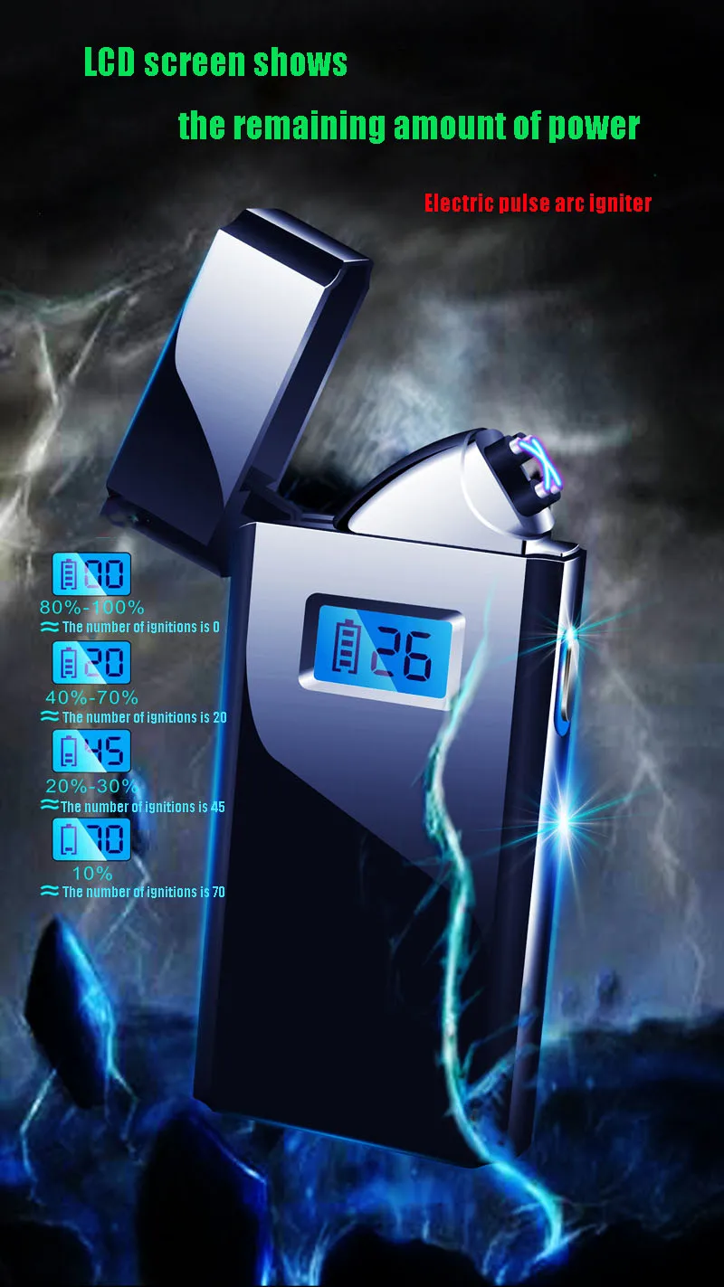 Двойная дуговая зажигалка, дисплей питания, персонализированная usb зарядка, зажигалка, трубка, воспламенитель, ЖК-дисплей, кнопка Зажигания, зажигалка