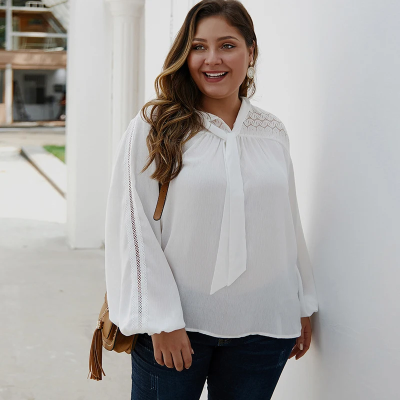 

Sholina Plus Size White Lace Blouse Long Sleeve Loose Women Clothing Bandage Patchwork Tops 2019 New Casual Autumn Tee Shirts
