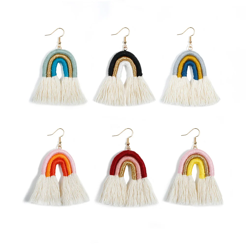 

Macrame Rainbow Tassel Earrings Vintage Dangle Earrings for Women Bohemia Jewelry Mother's Day Gift 7.4cm Hand Made Hook #HJ38V