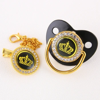 

Luxury Glam Crystal Black Bling Pacifier And Chain Clip Golden Crown Handmade Rhinestones Baby Dummy Wholesale