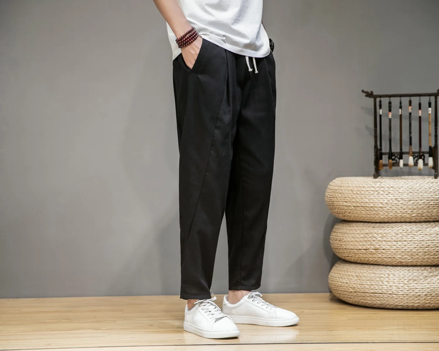 

Men Pure Color Linen Trousers Elastic Drawstring Tapered Ankle Loose Long Pants Casual Jogger Pant