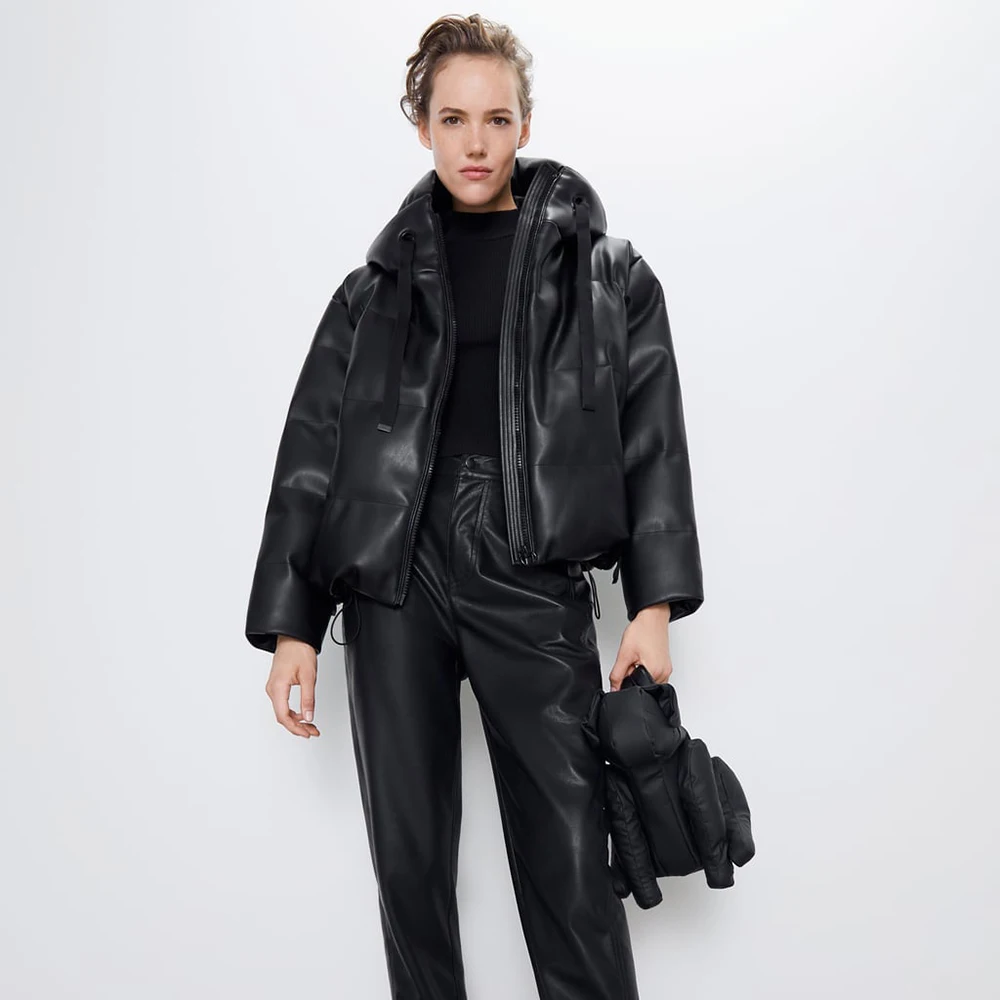 ZA пуховое пальто, зимняя куртка для женщин, стоячий воротник, однотонное Черное женское пуховое пальто, свободное, негабаритное, женская короткая парка, пуховик