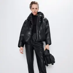 2019 ZA пуховое пальто, зимняя куртка для женщин, стоячий воротник, однотонное Черное женское пуховое пальто, свободное, негабаритное, женская