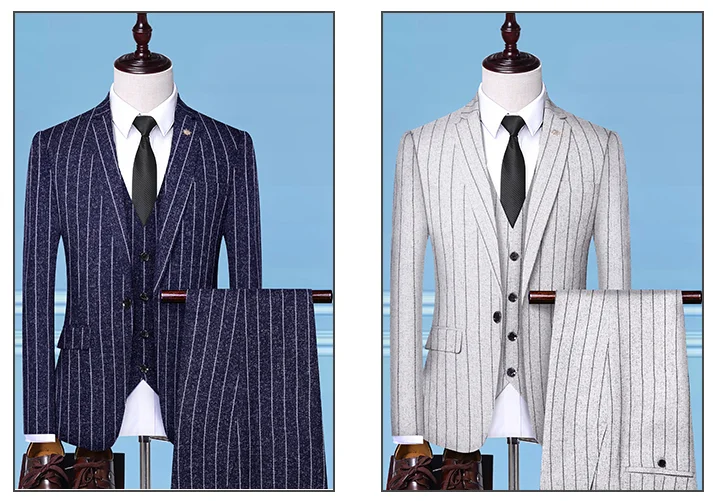 Новая мода Бизнес(Блейзер+ халэко+ Панталоны) мужские повседневные облегающие высококачественные трендовые костюмы в британском стиле с вертикальными полосками