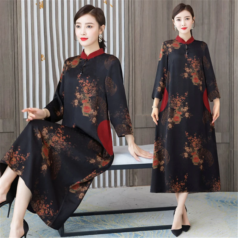 Spring Autumn Chinese style dress for women long Full sleeved dress ladies improved cheongsam dress Printing fragrant cloud yarn